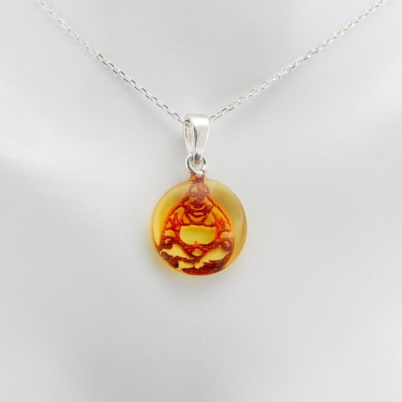 Natural Baltic Citrine Amber Laser Cut Buddha Choker Necklace in 925 Sil… - Picture 1 of 3